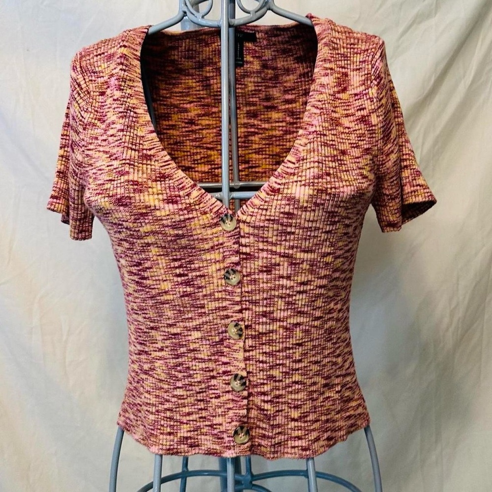 Forever 21 Orange Multicolor Short Sleeve Knit Button Down Top Size Large